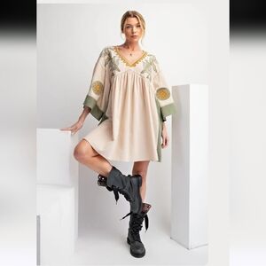 easel Beige and Olive Embroidered V-Neck Boho Dress